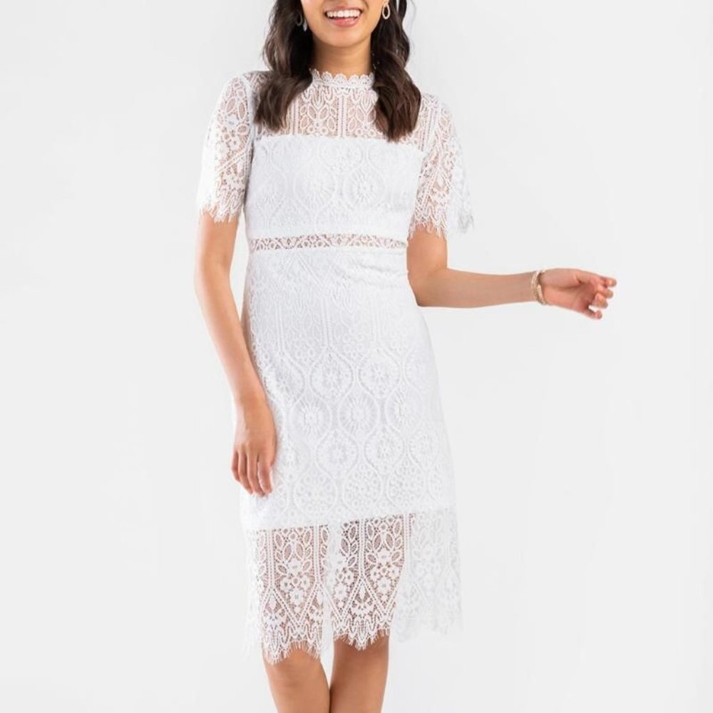 Francesca's White Malorie Lace Mid Dress | M